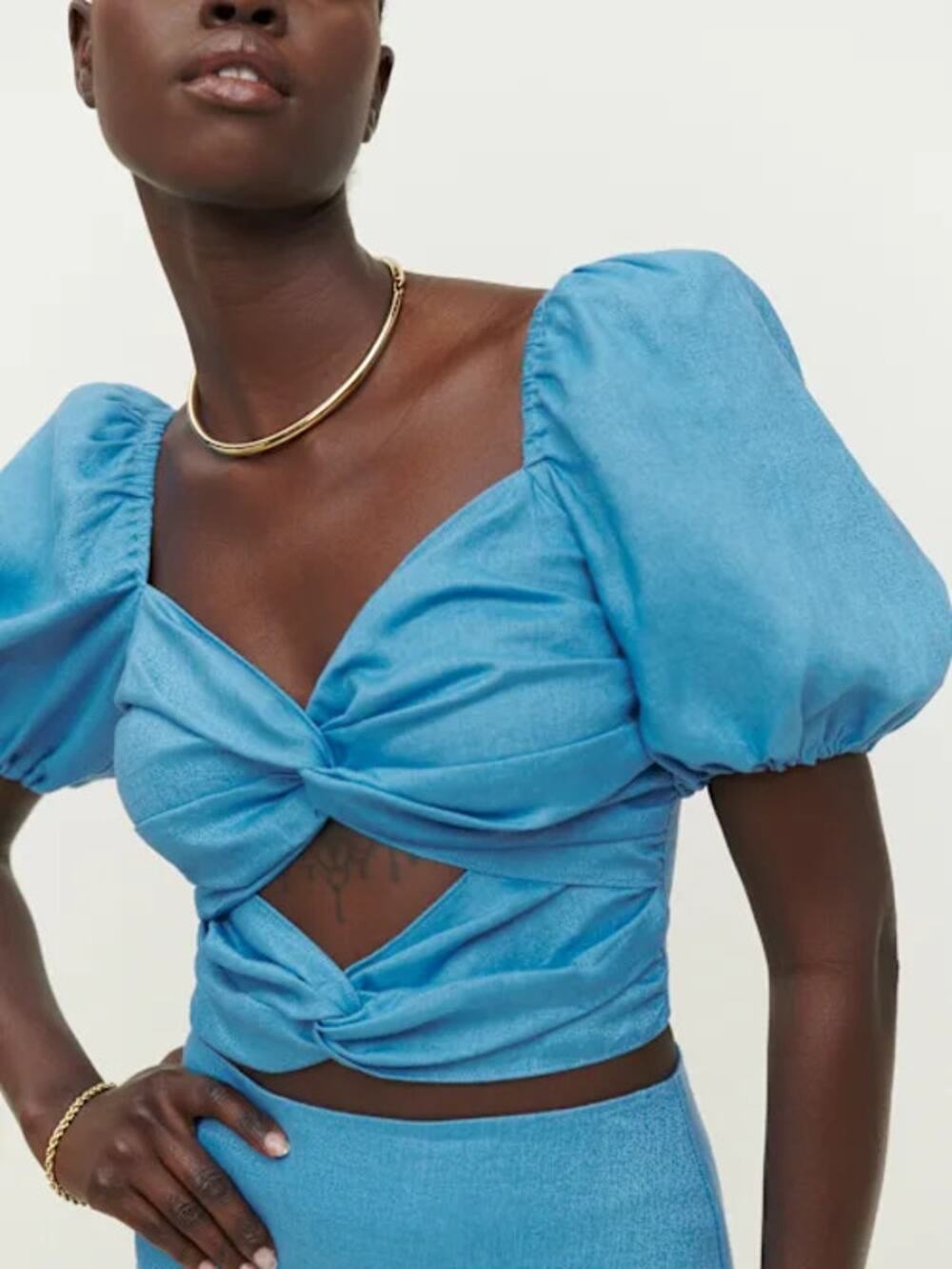 Reformation Karina Linen Twist Front Cutout Puff Sleeve Top Blue Womens 4